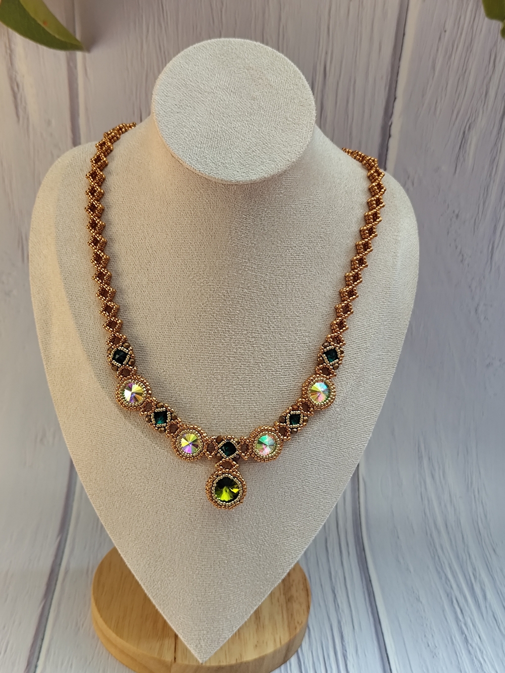 Handcrafted Gold-Tone Beaded Necklace with Green and Iridescent Stones